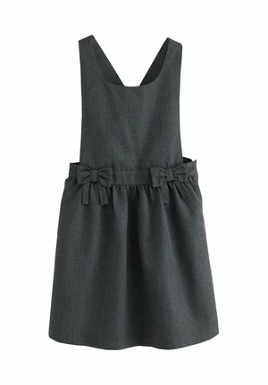 Robe salopette sans manches gris foncé avec un décolleté carré et deux nœuds décoratifs à la taille sur fond uni.
