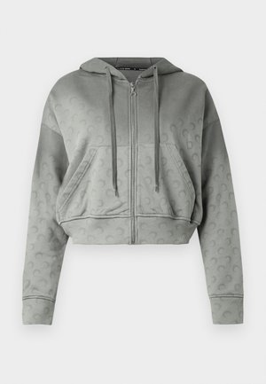 Camisola curta com fecho de correr em tecido polar cinza com padrão texturizado, capuz com cordão e bolsos laterais. Tecido macio com punhos canelados.