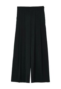 Pantalon large noir avec un tissu texturé, doté de plis à la taille et d'une coupe décontractée, se terminant au-dessus de la cheville.