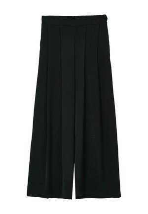 Schwarze weite Hosen mit einem strukturierten Stoff, mit Falten am Taillenbund und einem lockeren Schnitt, der über dem Knöchel endet.