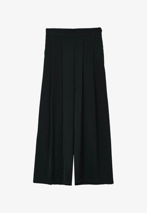 Pantaloni neri a gamba larga realizzati in un tessuto strutturato, con pieghe in vita e una vestibilità comoda, che terminano sopra la caviglia.