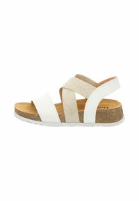 Sandalo aperto con cinturini bianchi in materiale sintetico e design incrociato beige. La soletta in sughero e la suola in gomma bianca offrono comfort e supporto.