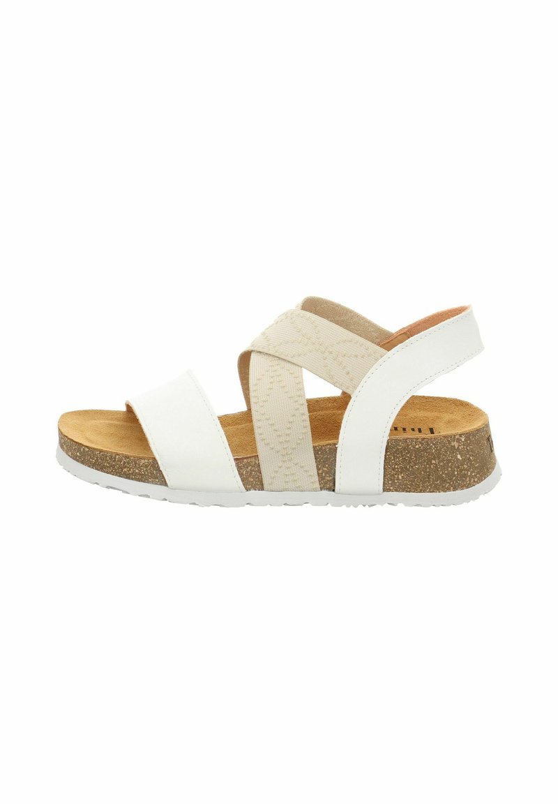 Sandalo aperto con cinturini bianchi in materiale sintetico e design incrociato beige. La soletta in sughero e la suola in gomma bianca offrono comfort e supporto.