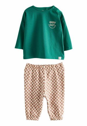 Green long-sleeve cotton shirt with "HAPPY DAYS" text; tan checkered cotton pants with elastic waistband and cuffed hems.