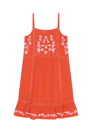 Ärmelloses orangenes Kleid mit weißer Blumenstickerei auf dem Oberteil und Saum, mit dünnen Trägern und vertikalen Spitzenpaneel-Akzenten.