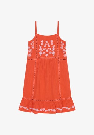 Ärmelloses orangenes Kleid mit weißer Blumenstickerei auf dem Oberteil und Saum, mit dünnen Trägern und vertikalen Spitzenpaneel-Akzenten.