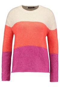 Strickpullover mit Rundhalsausschnitt, der gestreifte Bereiche in Creme, Orange und Pink aufweist. Weiche Textur mit gerippten Bündchen und Saum.
