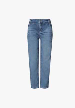 Blauwe high waist rechte jeans met knoop- en ritssluiting, voorzakken en lichte vervaging op de dijen.