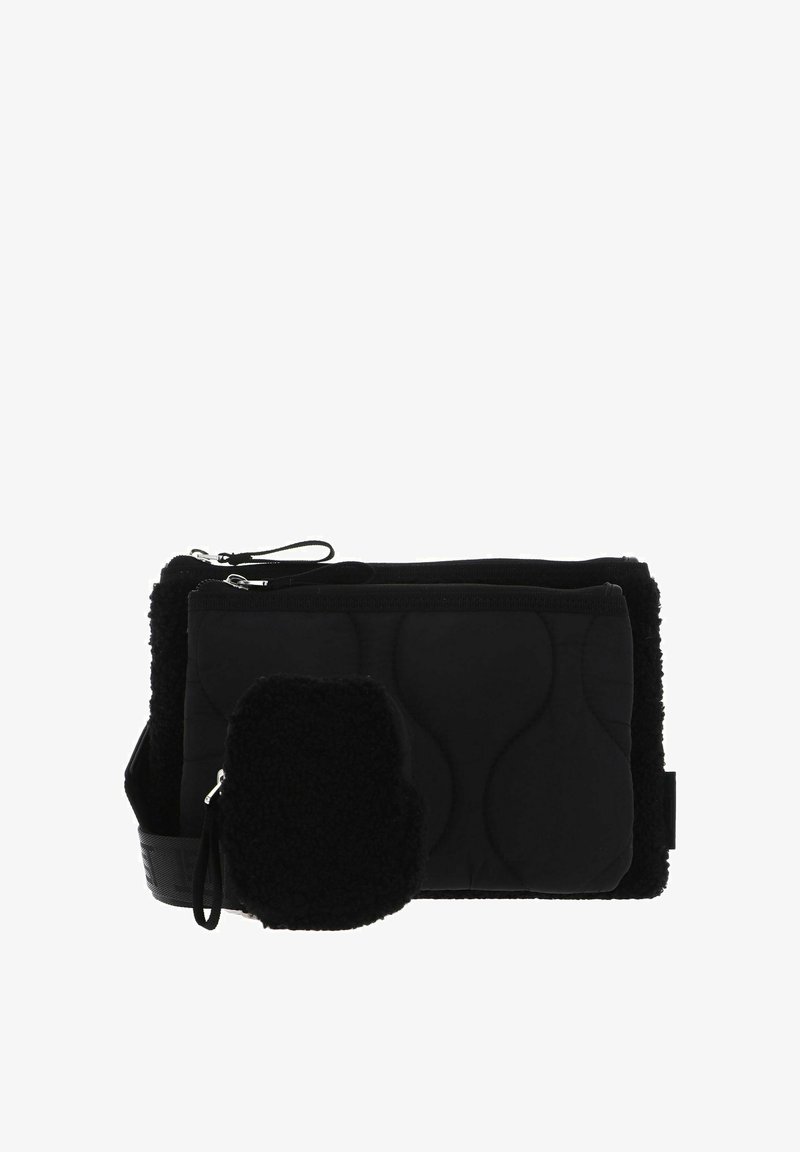 Sac noir à double compartiment avec texture matelassée. Il présente un extérieur doux, des fermetures éclair lisses, et une petite pochette supplémentaire attachée.