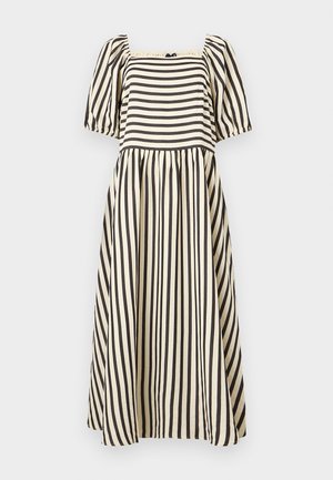 Midi-Kleid mit aufgebauschten kurzen Ärmeln, quadratischem Ausschnitt und vertikalen schwarzen und cremefarbenen Streifen am Rock und horizontalen am Oberteil.