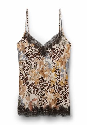 Mouwloze camisole met bloemen- en luipaardprint, zwarte kanten rand langs de V-hals en zoom, met dunne schouderbandjes op een witte achtergrond.