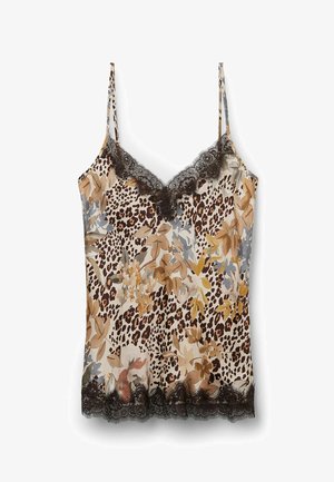 Ärmelloses Camisole mit Blumen- und Leopardenmuster, schwarzer Spitzenverzierung an V-Ausschnitt und Saum, mit dünnen Schulterriemen, auf weißem Hintergrund.