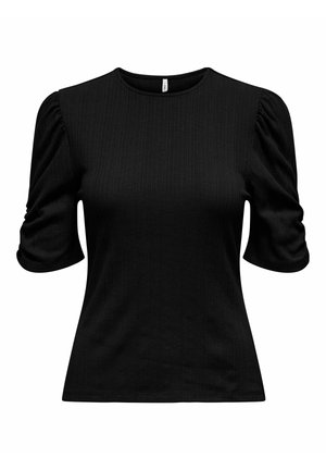 Svart ribbestrikket topp med kort arm og rund hals, samt puffermer. Myk tekstur med subtile vertikale linjer.