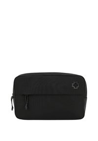 Schwarze rechteckige Tasche aus strapazierfähigem Material, mit einer vorderen Reißverschlusstasche und einem strukturierten Logo in der oberen rechten Ecke.