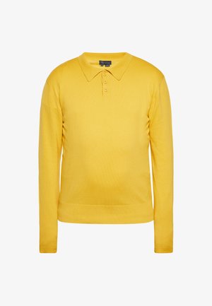 Żółta, długosleeveowa koszulka polo wykonana z miękkiego materiału, z klasycznym kołnierzykiem i trzema guzikami przy dekolcie. Gładka tekstura, swobodny styl.