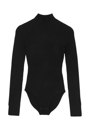 Body a maniche lunghe nero a costine con collo alto, design aderente e chiusura a scatto nella parte inferiore, caratterizzato da un tessuto liscio e strutturato.