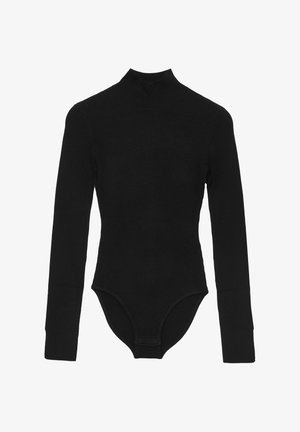 Body noir à manches longues côtelé avec col montant, design ajusté et fermeture à pression au bas, réalisé dans un tissu lisse et texturé.