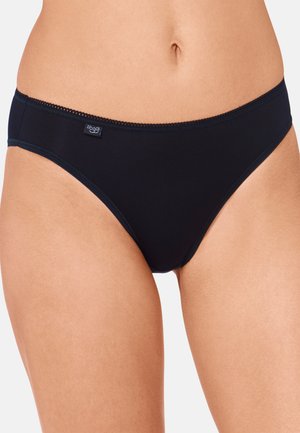 Schwarze Slip mit glattem Stoff, niedrigem Sitz und zartem Besatz entlang des Taillenbunds. Enthält ein kleines Etikett auf der Vorderseite.