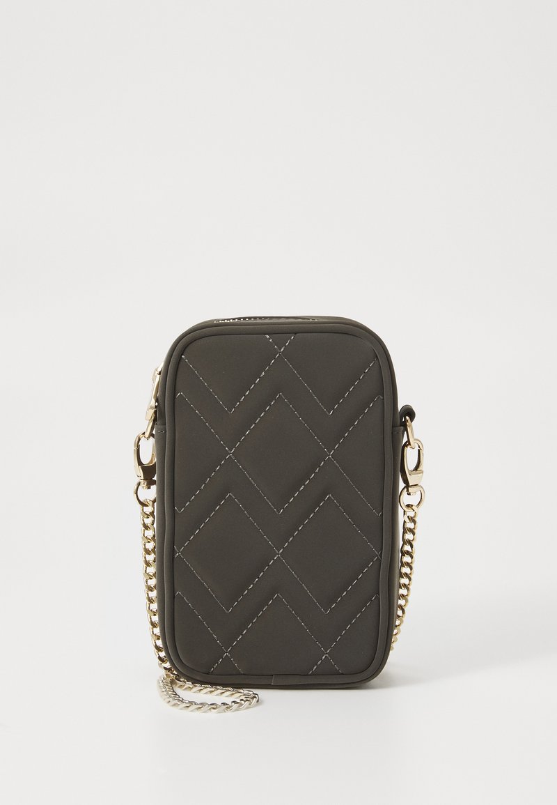 Quilted black crossbody bag with gold chain strap. Rectangular shape, smooth texture, and diamond pattern stitched across the surface.