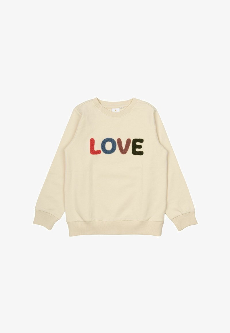 Krémová mikina s farebným, chlpatým nápisom "LOVE" v červenej, modrej, hnedej a zelenej farbe. Enhanced perleťové manžety a spodný okraj. Neformálny dizajn.