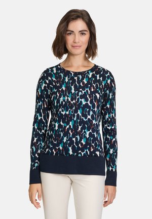 Marineblauer Strickpullover mit einem mehrfarbigen abstrakten Muster. Er verfügt über lange Ärmel, einen runden Halsausschnitt und einen einfarbigen marineblauen Saum.