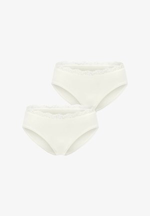 Bílé bavlněné hipster kalhotky s krajkovým lemem v pase, s hladkou texturou a klasickým designem. Součástí jsou dva kusy.
