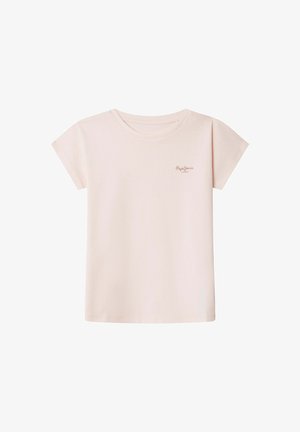 Maglietta di cotone rosa chiaro con maniche corte, scollo rotondo e piccolo logo stampato sul petto. Tessuto liscio e vestibilità casual.