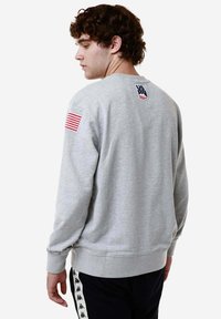 Felpa grigia con maniche lunghe, polsini a costine e girocollo. Presenta un'etichetta con la bandiera americana rossa e bianca sulla spalla sinistra.