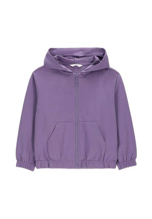 Fioletowa dziecięca bluza z kapturem na zamek błyskawiczny, z przednimi kieszeniami, elastycznymi mankietami i ściągaczem w talii na białym tle.