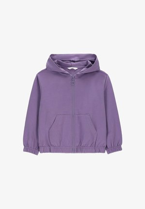 Fioletowa dziecięca bluza z kapturem na zamek błyskawiczny, z przednimi kieszeniami, elastycznymi mankietami i ściągaczem w talii na białym tle.