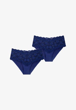 Navy siniset pitsiset alushousut, joissa on monimutkainen kukkakuvio vyötäröllä, pehmeä kangas ja joustava viimeistely mukavuutta varten.