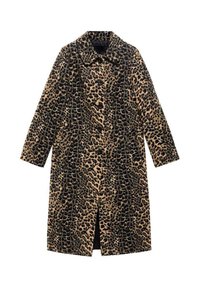 Leopardprint jas met lange mouwen, voor knopen en een knie-lange snit. Gemaakt van zachte stof met een textuur in bruin en zwart.