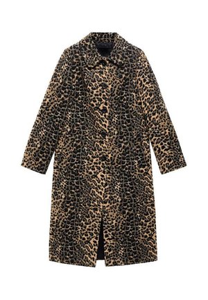 Leopard print coat with long sleeves, front buttons, and a knee-length cut. Made of soft fabric with a textured surface in tan and black.