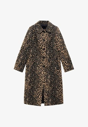 Leopard print coat with long sleeves, front buttons, and a knee-length cut. Made of soft fabric with a textured surface in tan and black.