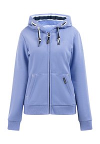 Felpa leggera azzurro chiaro con zip, realizzata in tessuto morbido, dotata di cappuccio con coulisse, due tasche frontali, polsini a costine e un sottile dettaglio del logo.