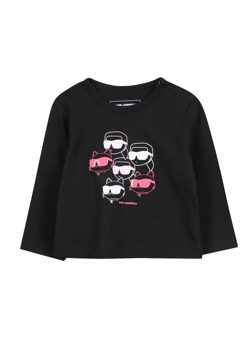 T-shirt nero a maniche lunghe in cotone, con una grafica di personaggi con occhiali da sole in bianco e rosa. Include dettagli con bottoni a pressione sulla spalla.