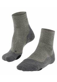 Calzini alla caviglia grigi con polsino a costine, tallone e punta rinforzati, e un design bicolore che presenta accenti grigi più scuri sulla punta e sul tallone.