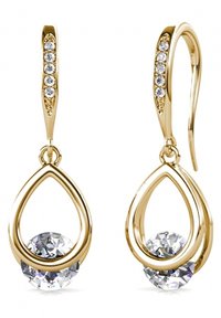 Orecchini a goccia d'oro con un cristallo trasparente alla base, caratterizzati da un design curvo e piccoli cristalli di accento lungo l'uncino.