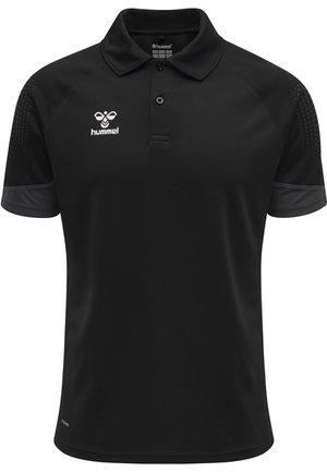 Czarna koszulka polo z teksturowanej tkaniny, krótki rękaw i kontrastowe szare akcenty. Posiada kołnierzyk oraz logo na piersi.