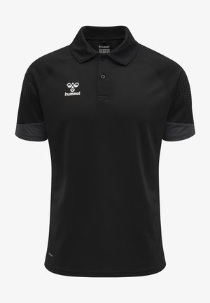 Czarna koszulka polo z teksturowanej tkaniny, krótki rękaw i kontrastowe szare akcenty. Posiada kołnierzyk oraz logo na piersi.