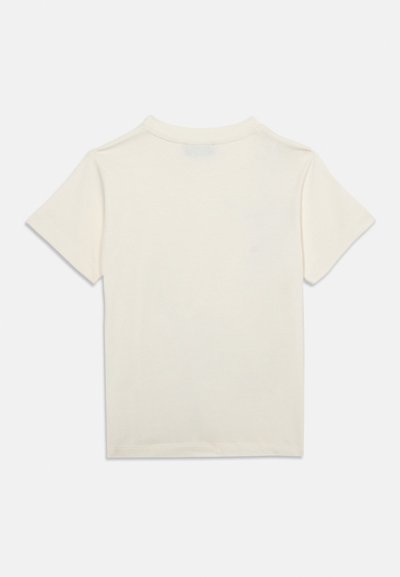 Απλό κοντομάνικο t-shirt σε εκρού χρώμα με στρογγυλή λαιμόκοψη, φαίνεται από πίσω σε ουδέτερο φόντο.