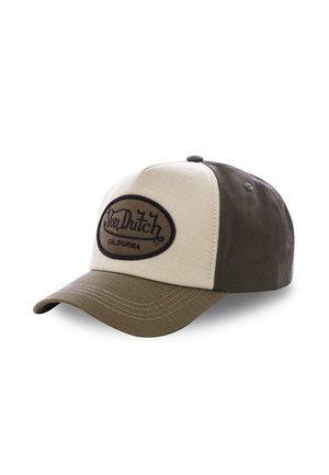 Casquette de baseball bicolore beige et marron Von Dutch avec une visière incurvée et un écusson logo brodé sur le panneau avant.