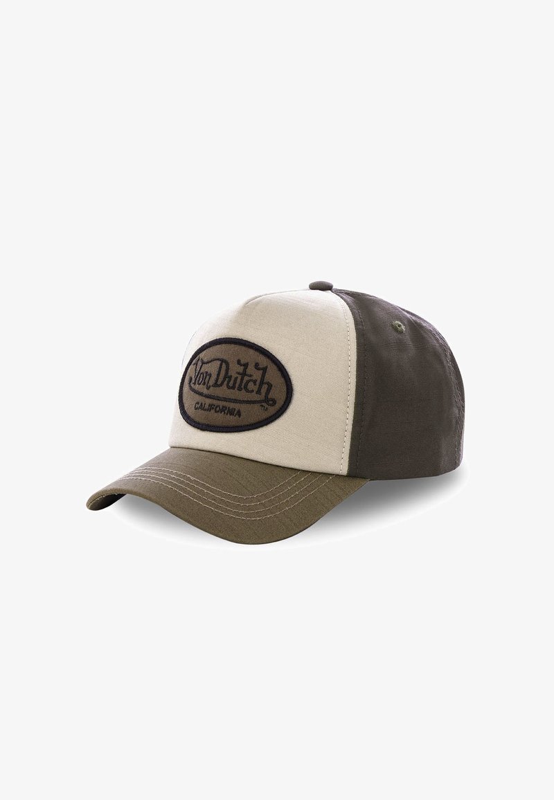 Two-tone beige and brown Von Dutch baseball cap with curved brim and stitched logo patch on front panel.
