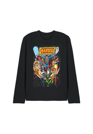 Black long-sleeve shirt with colorful Justice League of America comic cover featuring Superman, Wonder Woman, and other heroes in dynamic poses.