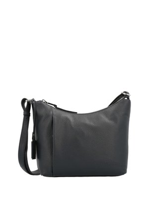 Borsa a tracolla in pelle nera testurizzata con tracolla regolabile e chiusura con cerniera, mostrata su sfondo bianco.