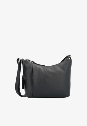 Schwarze strukturierte Leder-Umhängetasche mit verstellbarem Riemen und Reißverschluss, vor weißem Hintergrund gezeigt.