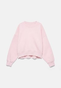 Sweat-shirt court rose clair à manches longues avec encolure, poignets et ourlet côtelés, présenté sur un fond uni clair.