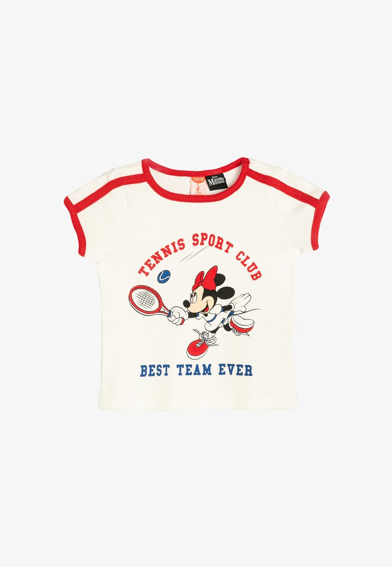 White cotton T-shirt with red trim, featuring a graphic of a character playing tennis. Text reads "TENNIS SPORT CLUB" and "BEST TEAM EVER."