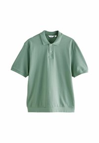 Koszulka polo w jasnym zielonym kolorze, wykonana z mieszanki bawełny. Krótkie rękawy, ściągaczowy kołnierzyk, zapięcie na dwa guziki i luźny krój. Gładka, strukturalna tkanina.