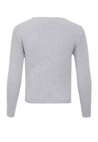 Grijze geribbelde gebreide trui met lange mouwen, met een ronde halslijn en een aansluitend ontwerp. De achterkant toont een verticale ribbelstructuur.